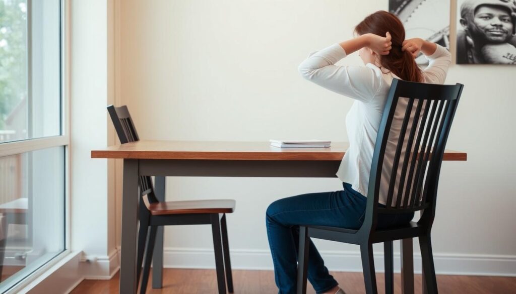 Een vrouw zit ongemakkelijk aan een eettafel omdat de stoel te laag is.