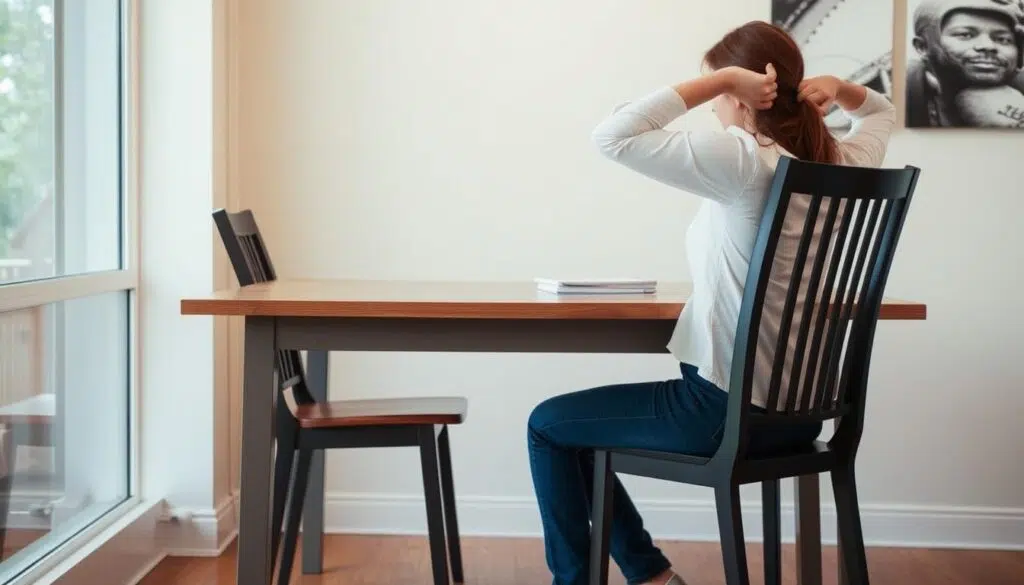 Persoon die oncomfortabel zit aan een eettafel omdat de stoel te laag is
