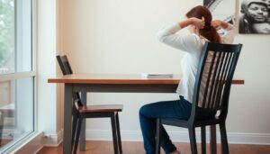 Een vrouw zit ongemakkelijk aan een eettafel omdat de stoel te laag is.
