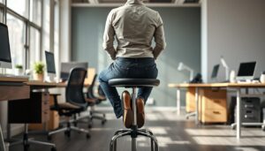 Persoon die rechtop zit op een stoel zonder een rugleuning met een actieve houding