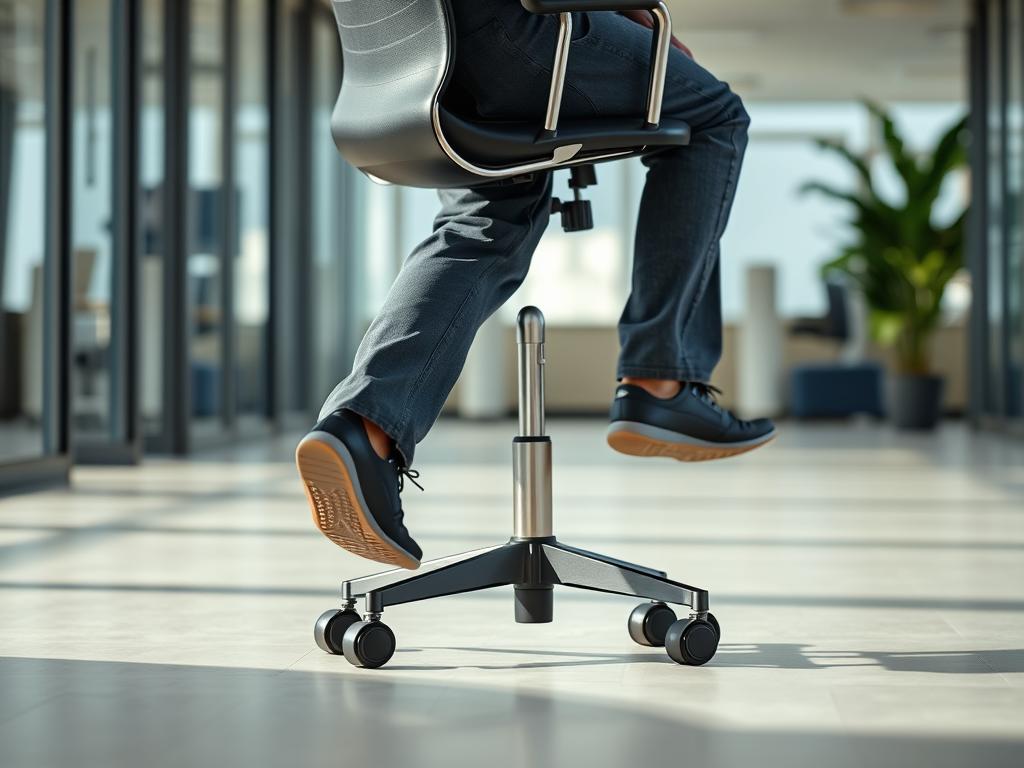 Persoon die soepel beweegt op een bureaustoel met vijf wielen Persoon die soepel beweegt op een bureaustoel met vijf wielen