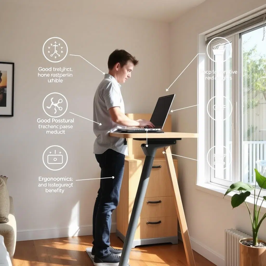 Persoon die staat aan een hoge tafel voor betere ergonomie Persoon die staat aan een hoge tafel voor betere ergonomie