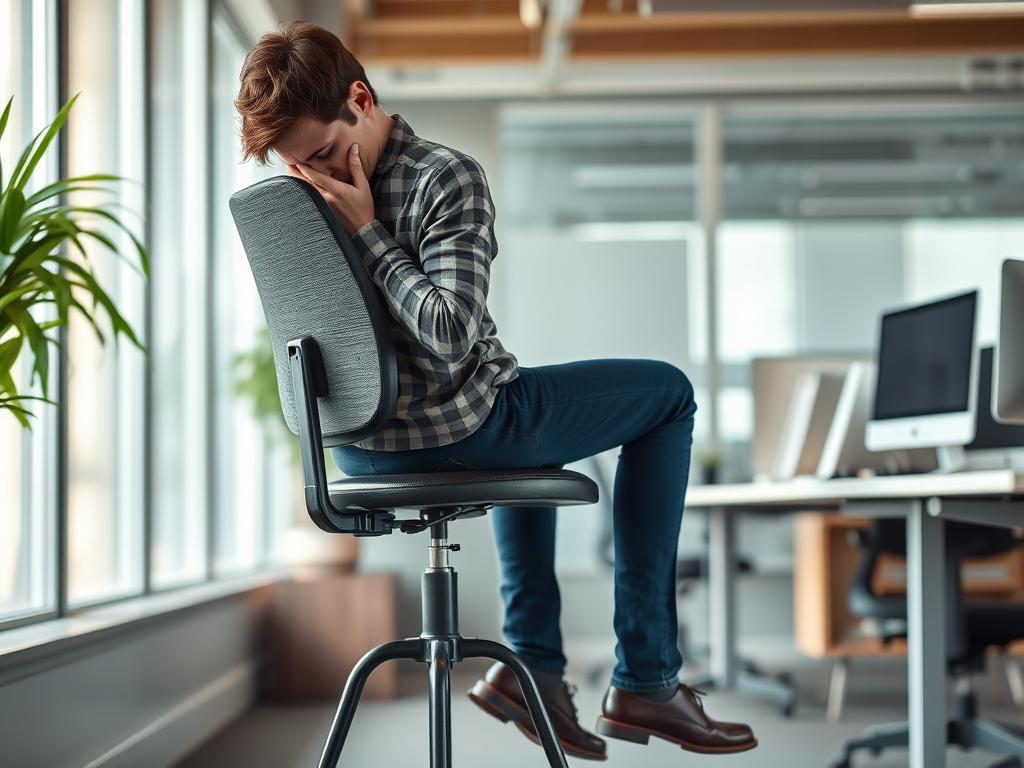 Persoon die vermoeidheid toont na langdurig zitten op een stoel