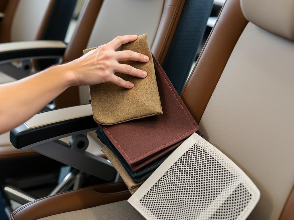 Persoon die verschillende materialen van stoelbekleding vergelijkt