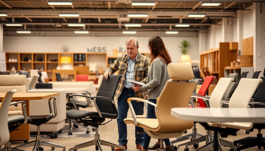 Persoon die verschillende stoelen met wieltjes vergelijkt in een showroom Persoon die verschillende stoelen met wieltjes vergelijkt in een showroom