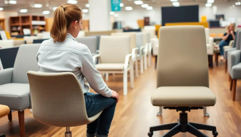 Persoon die verschillende stoelen test in een meubelwinkel Persoon die verschillende stoelen test in een meubelwinkel