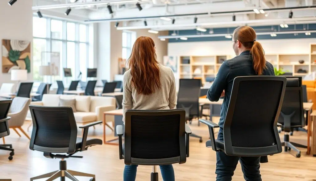 Persoon die verschillende stoelen test in een showroom Persoon die verschillende stoelen test in een showroom