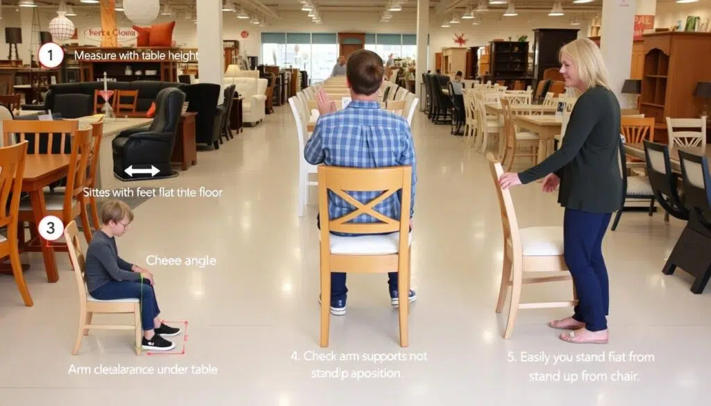 Persoon die verschillende stoelen test in een winkel Persoon die verschillende stoelen test in een winkel