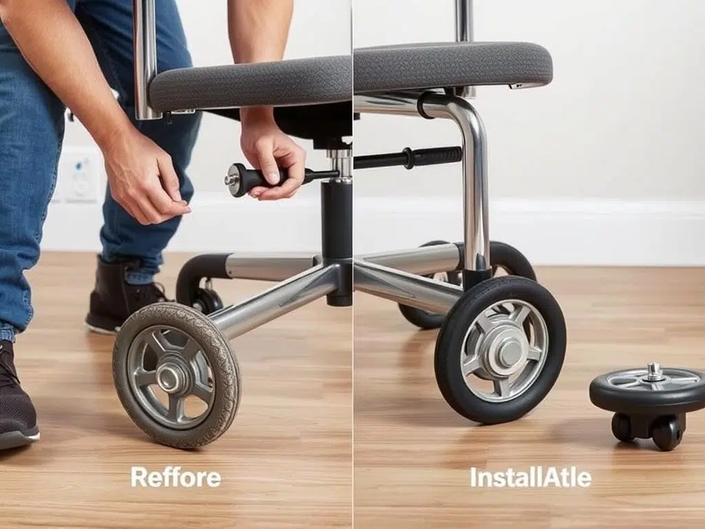 Persoon die wieltjes van een stoel vervangt Persoon die wieltjes van een stoel vervangt