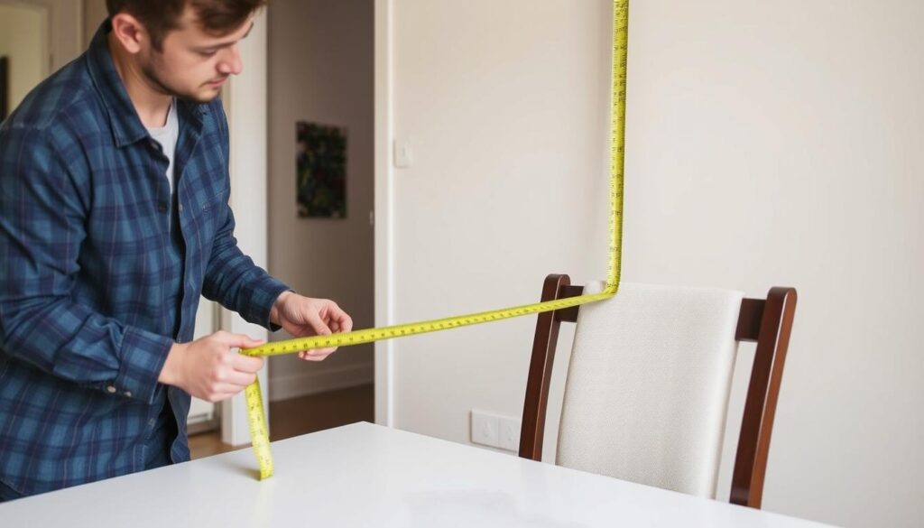 Persoon die zorgvuldig ruimte opmeet voor een nieuwe eetkamerstoel Persoon die zorgvuldig ruimte opmeet voor een nieuwe eetkamerstoel