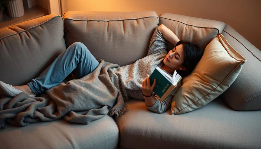 Persoon ontspannen liggend op een comfortabele sofa met een boek Persoon ontspannen liggend op een comfortabele sofa met een boek