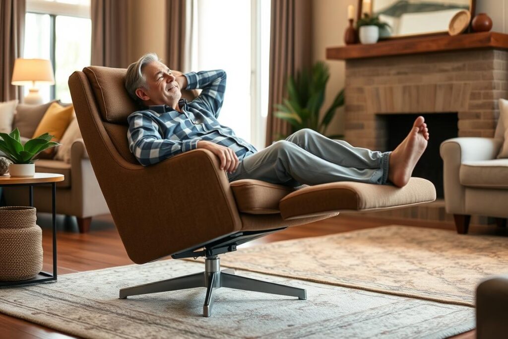 Persoon ontspant in een fauteuil met de juiste fijne zithoogte Persoon ontspant in een fauteuil met de juiste fijne zithoogte
