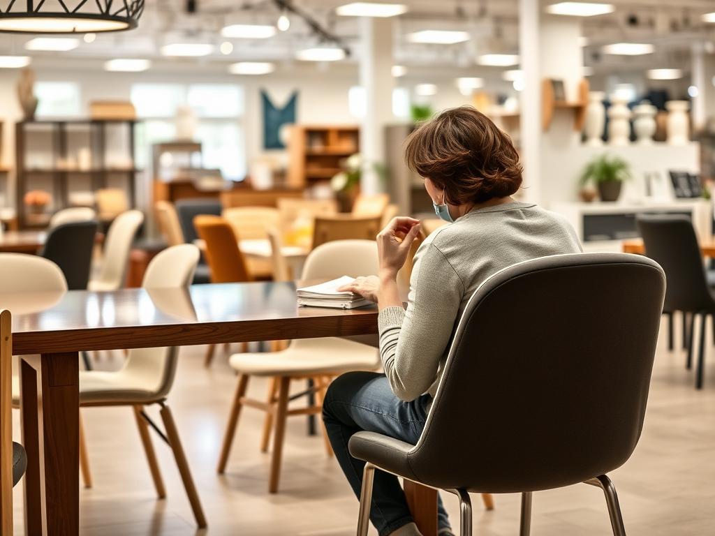 Persoon test het comfort van eetkamerstoelen die lekker zitten in een showroom