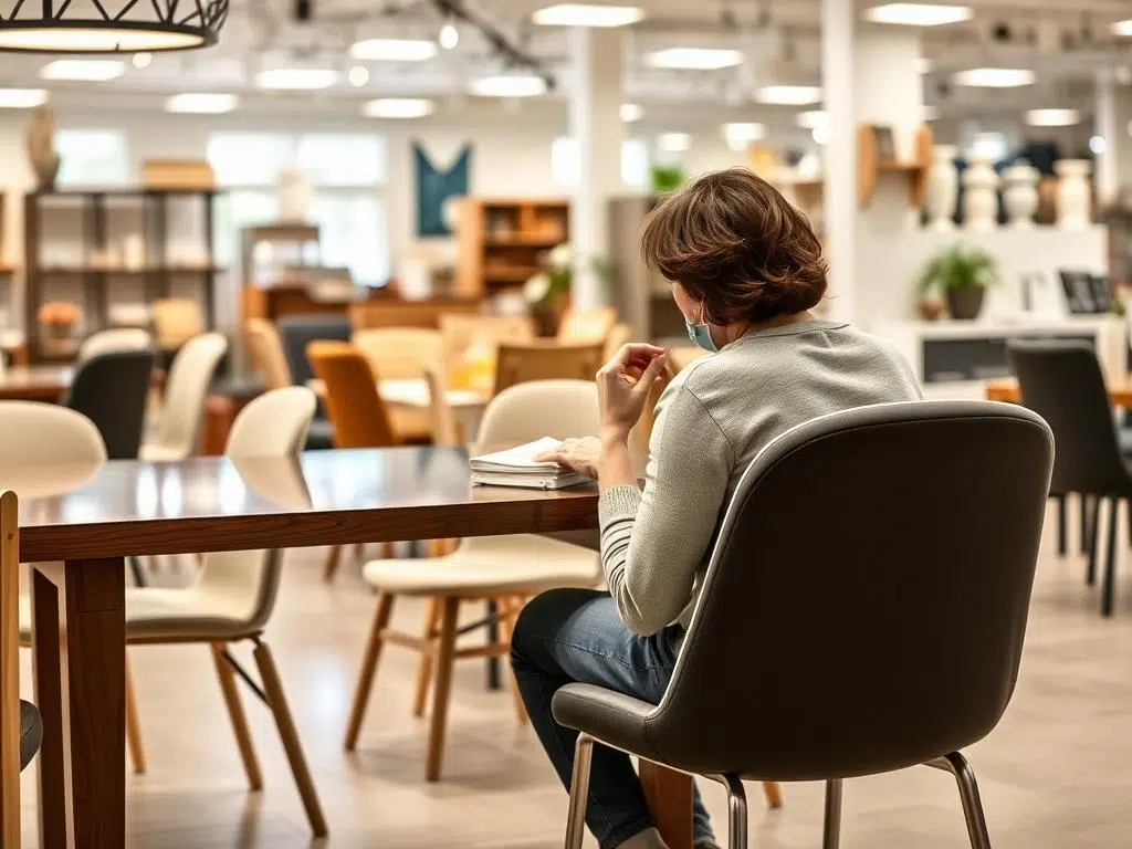 Persoon test het comfort van eetkamerstoelen die lekker zitten in een showroom Persoon test het comfort van eetkamerstoelen die lekker zitten in een showroom