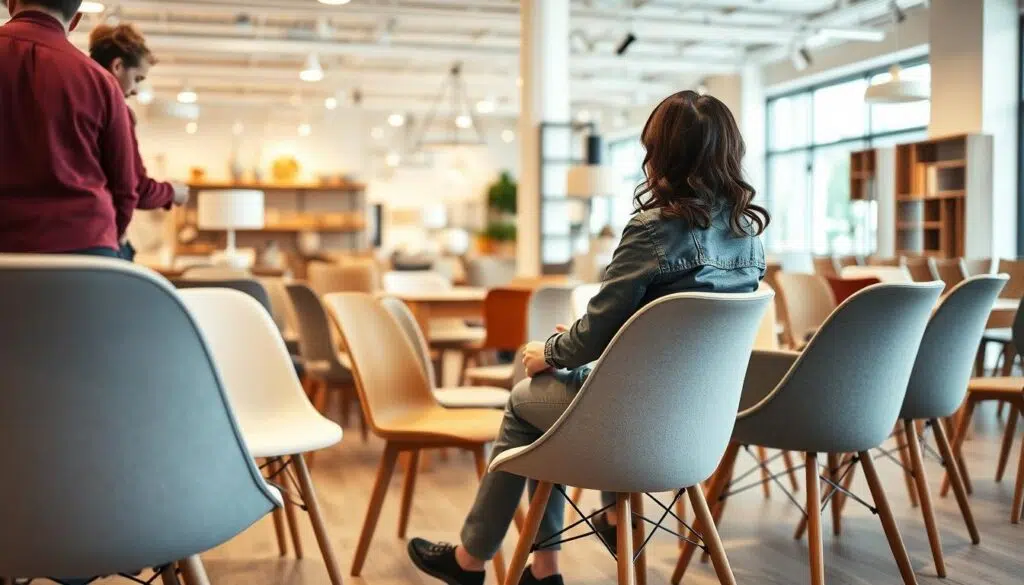 Persoon test verschillende eetkamerstoelen in een showroom Persoon test verschillende eetkamerstoelen in een showroom