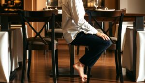 Persoon in een witte blouse en zwarte broek zittend aan een eettafel met blote voeten op de vloer.