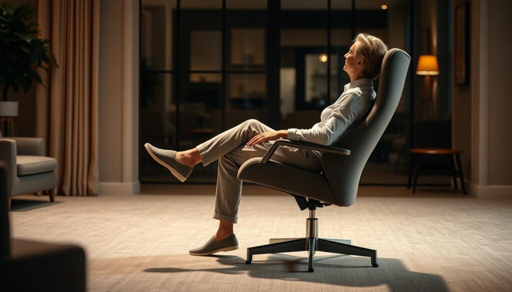Persoon zit comfortabel op een stoel met de juiste zithoogte, met alle ergonomische principes correct toegepast Persoon zit comfortabel op een stoel met de juiste zithoogte, met alle ergonomische principes correct toegepast