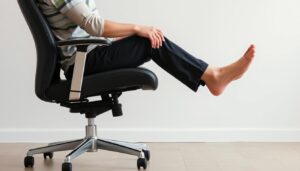 Persoon zittend op een bureaustoel met voeten plat op de grond, comfortabel in een neutrale omgeving.