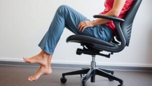 Persoon zit met correcte zithoogte waarbij voeten plat op de grond staan en knieën in een hoek van 90 graden