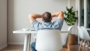 Man met een grijs shirt zit achterover op een witte eetkamerstoel met zijn handen achter zijn hoofd.