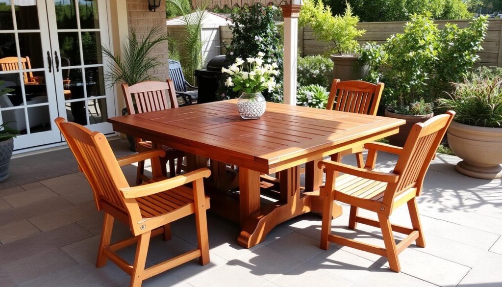 Prachtig onderhouden houten tafel in een gezellige tuinsetting