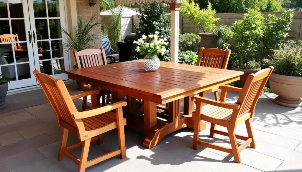 Prachtig onderhouden houten tafel in een gezellige tuinsetting Prachtig onderhouden houten tafel in een gezellige tuinsetting