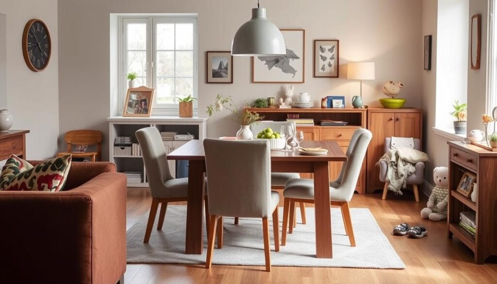 Praktische aspecten van eetkamerstoelen bij een bruine bank in een gezinswoning Praktische aspecten van eetkamerstoelen bij een bruine bank in een gezinswoning