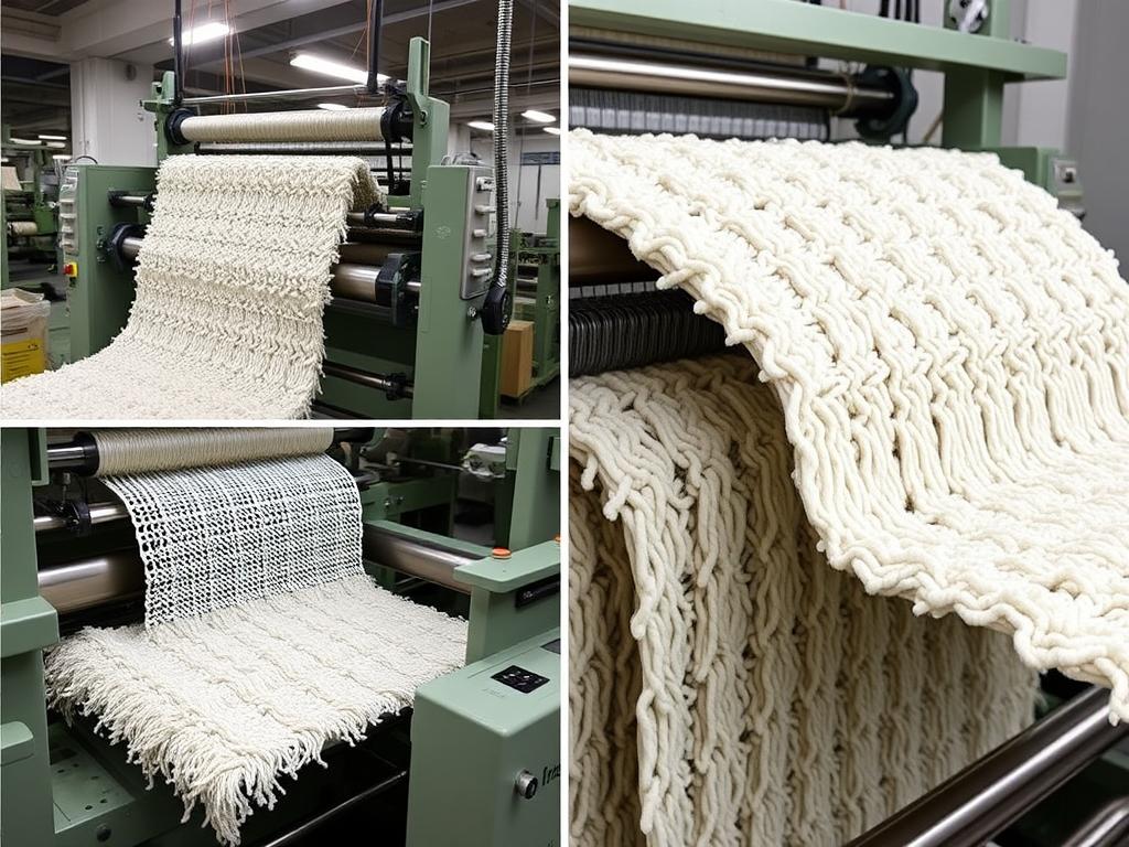 Productieproces van teddy boucle stof met verschillende stadia van verwerking Productieproces van teddy boucle stof met verschillende stadia van verwerking