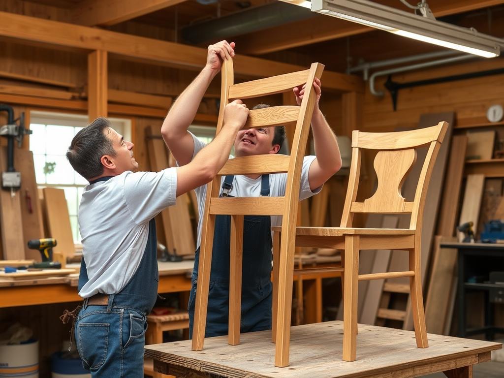 Professionele meubelmaker die eetkamerstoelen verhoogt Professionele meubelmaker die eetkamerstoelen verhoogt