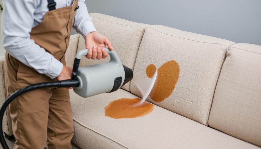 Professionele reiniging van een koffievlek uit een stoffen bank Professionele reiniging