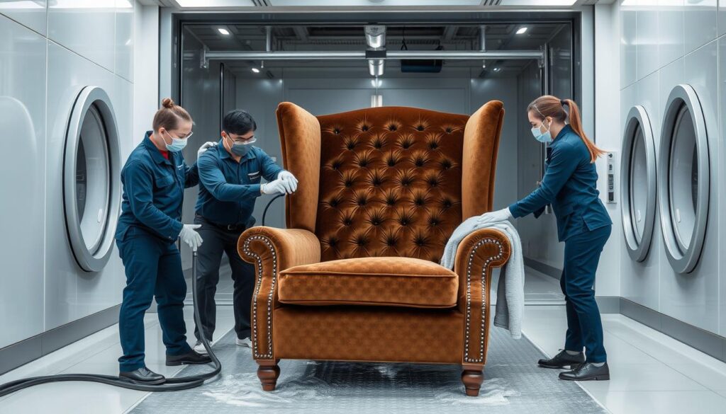 Professionele reiniging van een velvet meubel in een stomerij Professionele reiniging van een velvet meubel in een stomerij