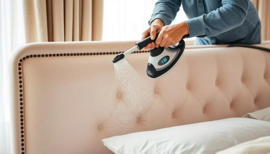 Professionele stoomreiniging van een velvet bed headboard Professionele stoomreiniging van een velvet bed headboard