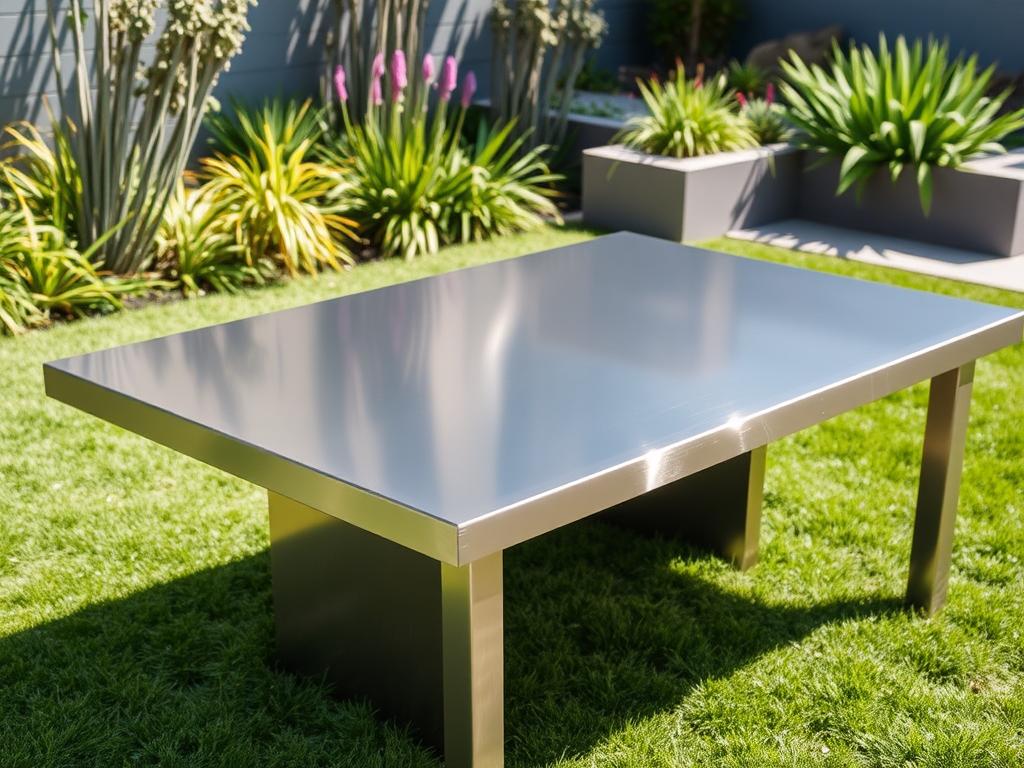 RVS buitentafel met strakke lijnen in moderne tuinsetting RVS buitentafel met strakke lijnen in moderne tuinsetting
