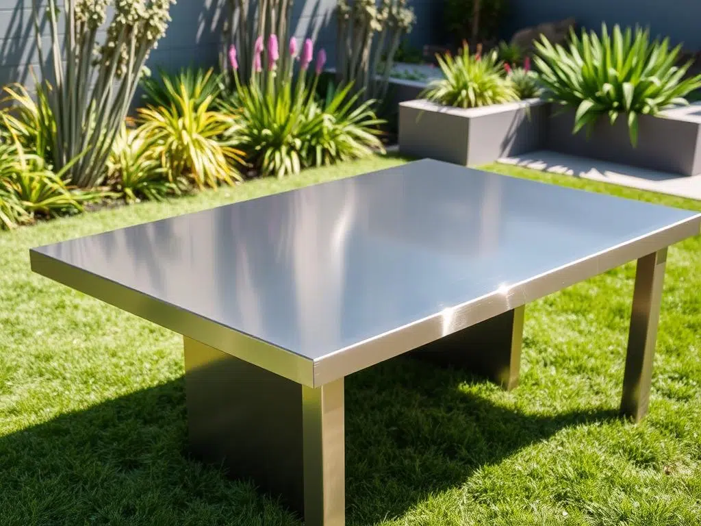RVS buitentafel met strakke lijnen in moderne tuinsetting RVS buitentafel met strakke lijnen in moderne tuinsetting