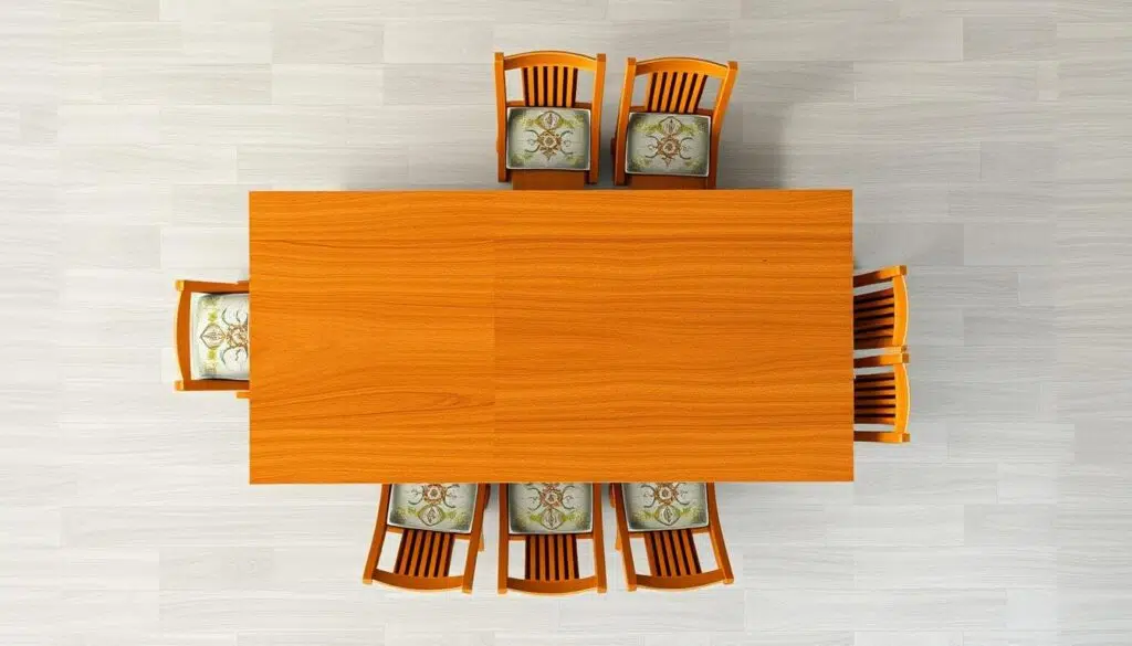 Rechthoekige eettafel van 200 cm met stoelen eromheen geplaatst Rechthoekige eettafel van 200 cm met stoelen eromheen geplaatst