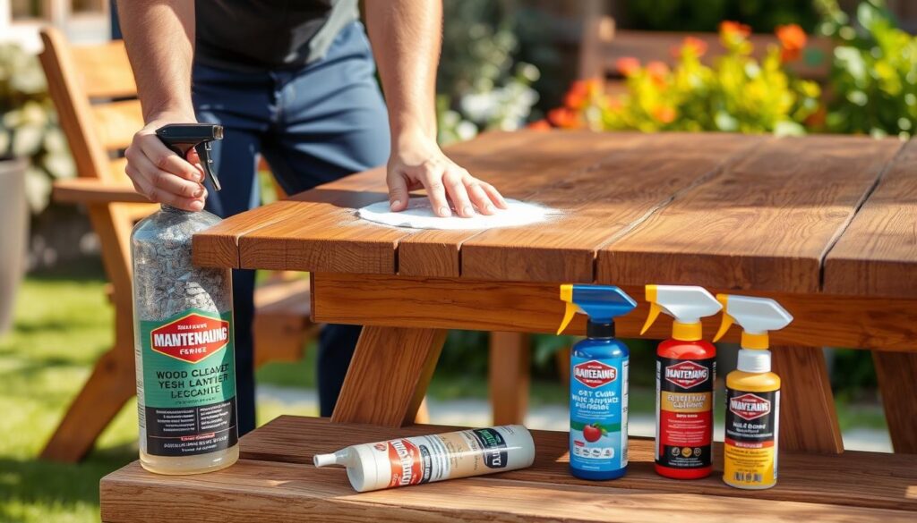 Regelmatig onderhoud van een buitenbestendige tuintafel met reinigingsmiddelen en beschermingsproducten Regelmatig onderhoud van een buitenbestendige tuintafel met reinigingsmiddelen en beschermingsproducten