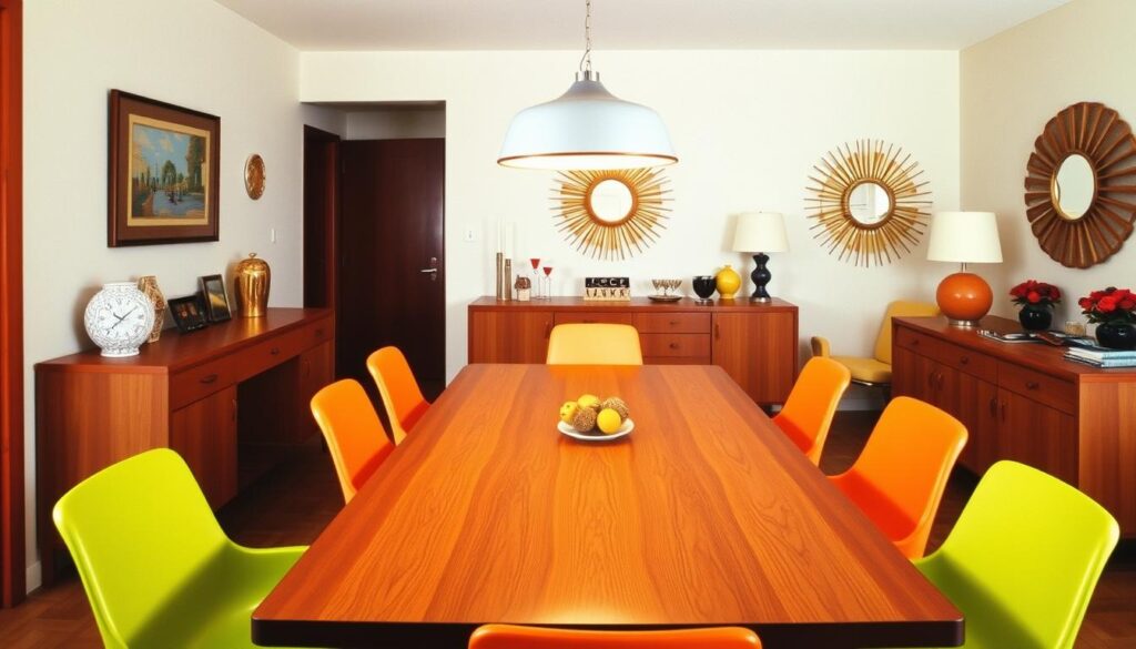 Retro interieur jaren 70 eetkamer met houten tafel en kuipstoelen Retro interieur jaren 70 eetkamer met houten tafel en kuipstoelen
