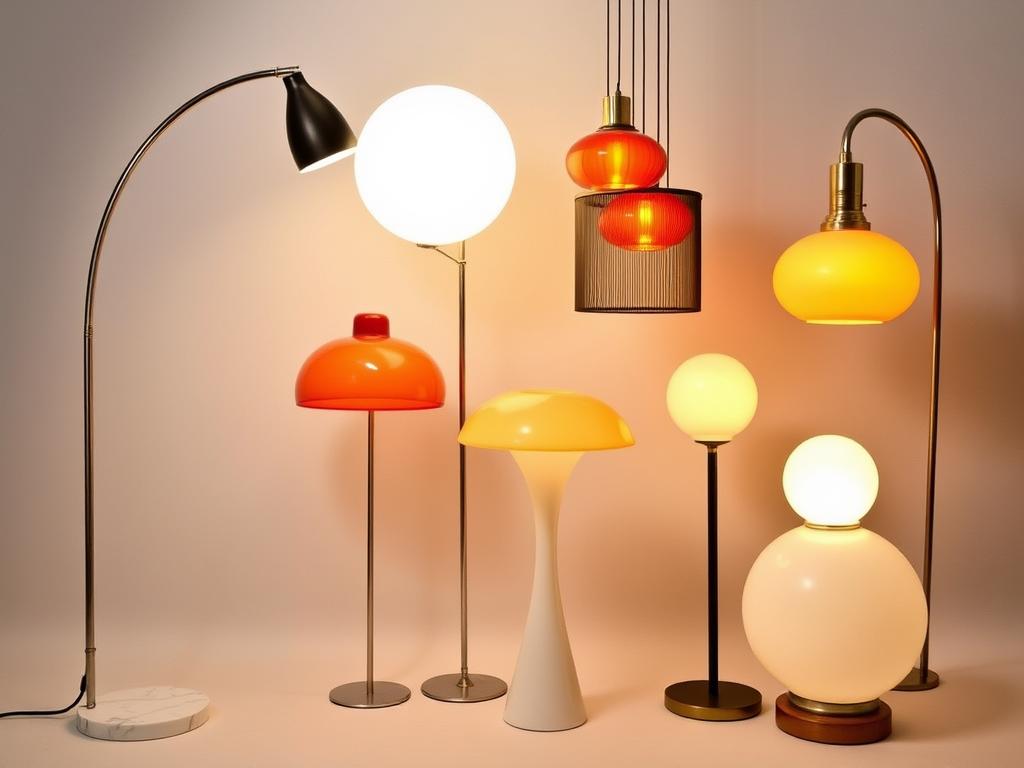 Retro interieur jaren 70 verlichting met booglampen en glazen hanglampen Retro interieur jaren 70 verlichting met booglampen en glazen hanglampen