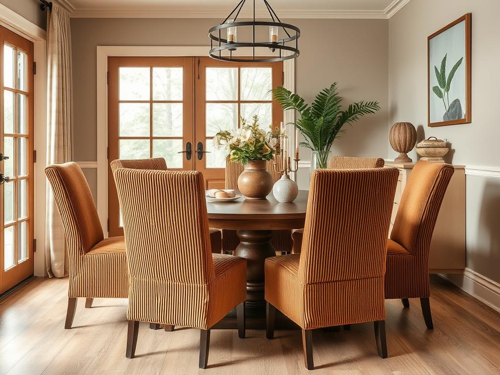 Ribstof eetkamerstoelen met hun kenmerkende textuur in een gezellige eetkamer Ribstof eetkamerstoelen met hun kenmerkende textuur in een gezellige eetkamer