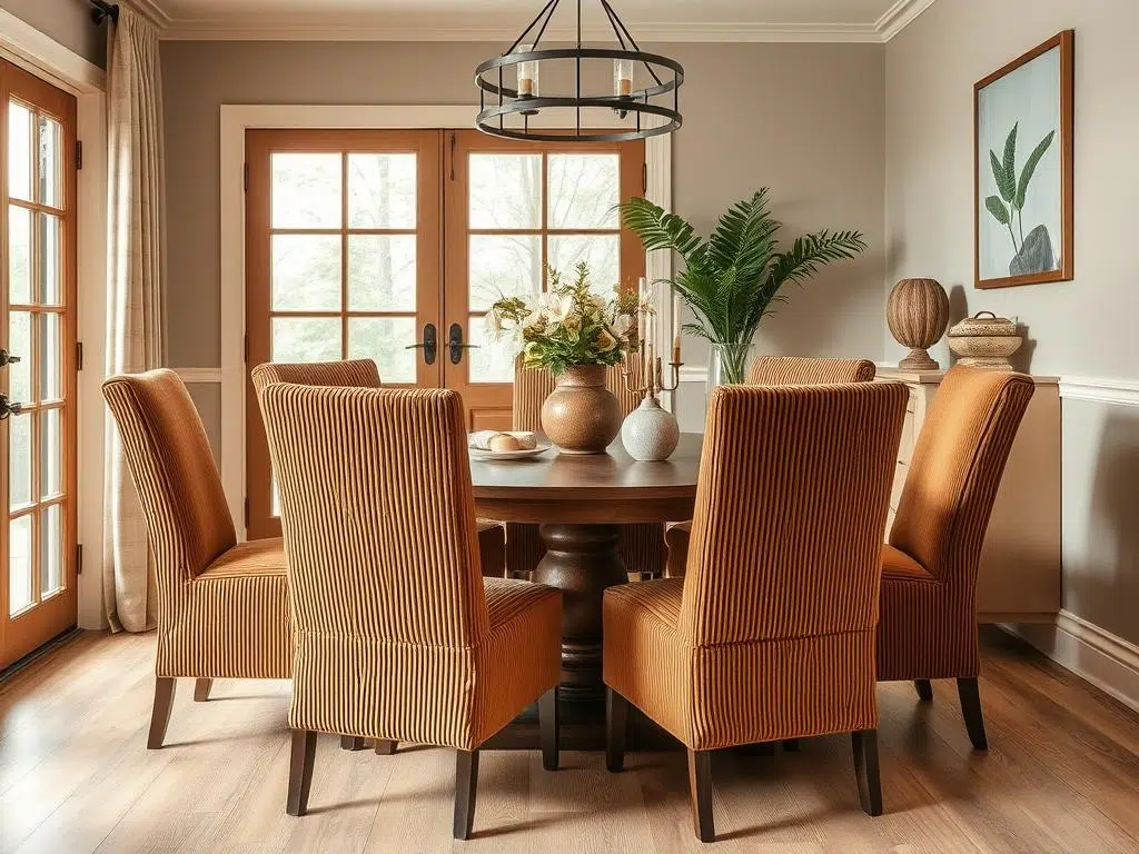 Ribstof eetkamerstoelen met hun kenmerkende textuur in een gezellige eetkamer Ribstof eetkamerstoelen met hun kenmerkende textuur in een gezellige eetkamer