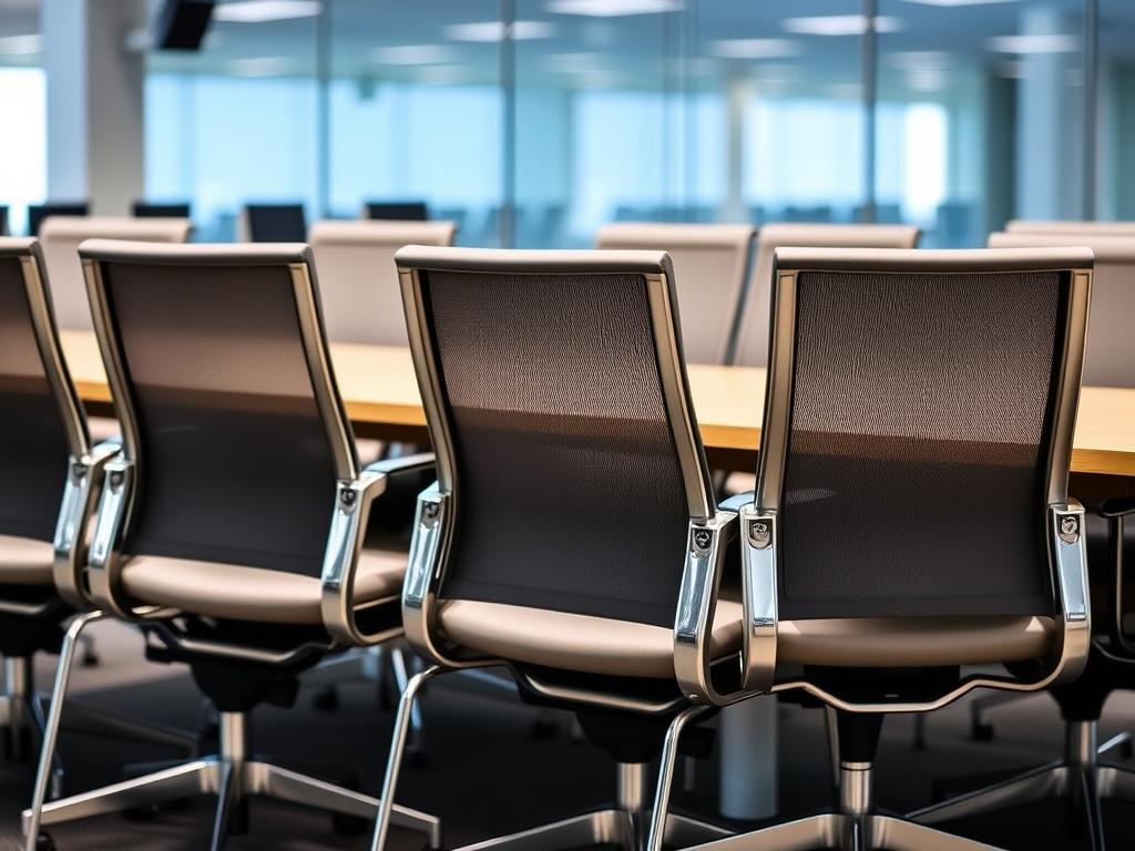 Rij conferentiestoelen rond een vergadertafel in een moderne kantoorruimte Rij conferentiestoelen rond een vergadertafel in een moderne kantoorruimte