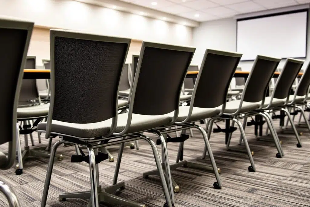 Rij van conferentiestoelen zonder armleuningen in een vergaderruimte Rij van conferentiestoelen zonder armleuningen in een vergaderruimte