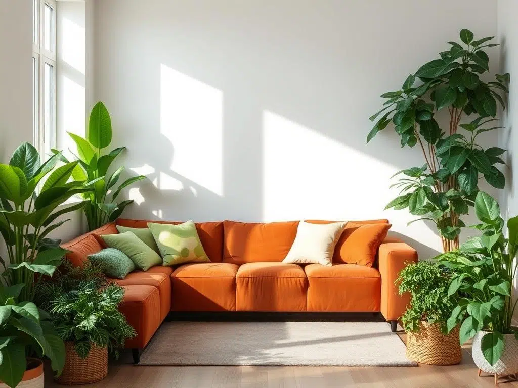 Roestbruine bank met groene kussens en planten in een lichte woonkamer Roestbruine bank met groene kussens en planten in een lichte woonkamer