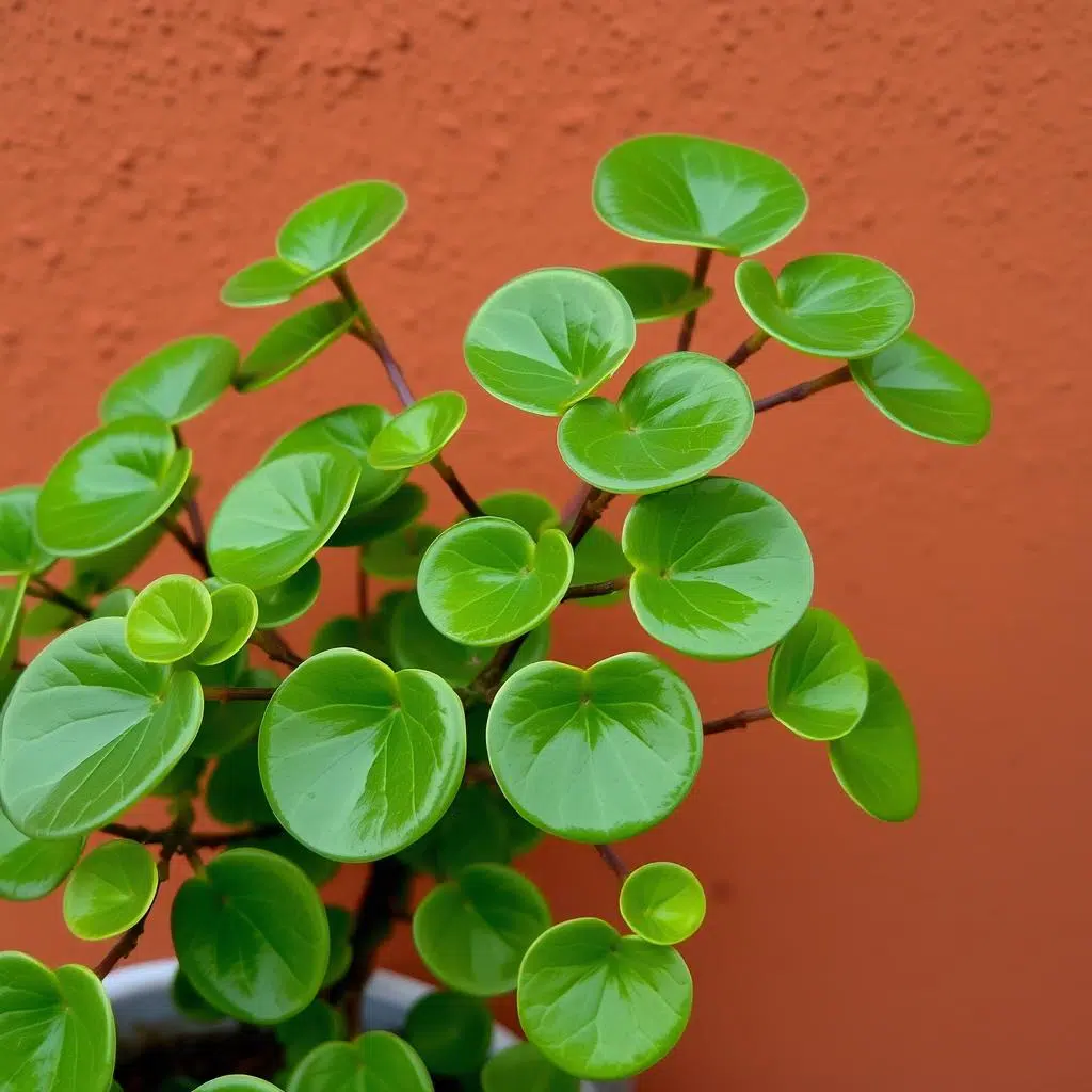 Roestbruine muur met groene pannenkoekenplant Roestbruine muur met groene pannenkoekenplant