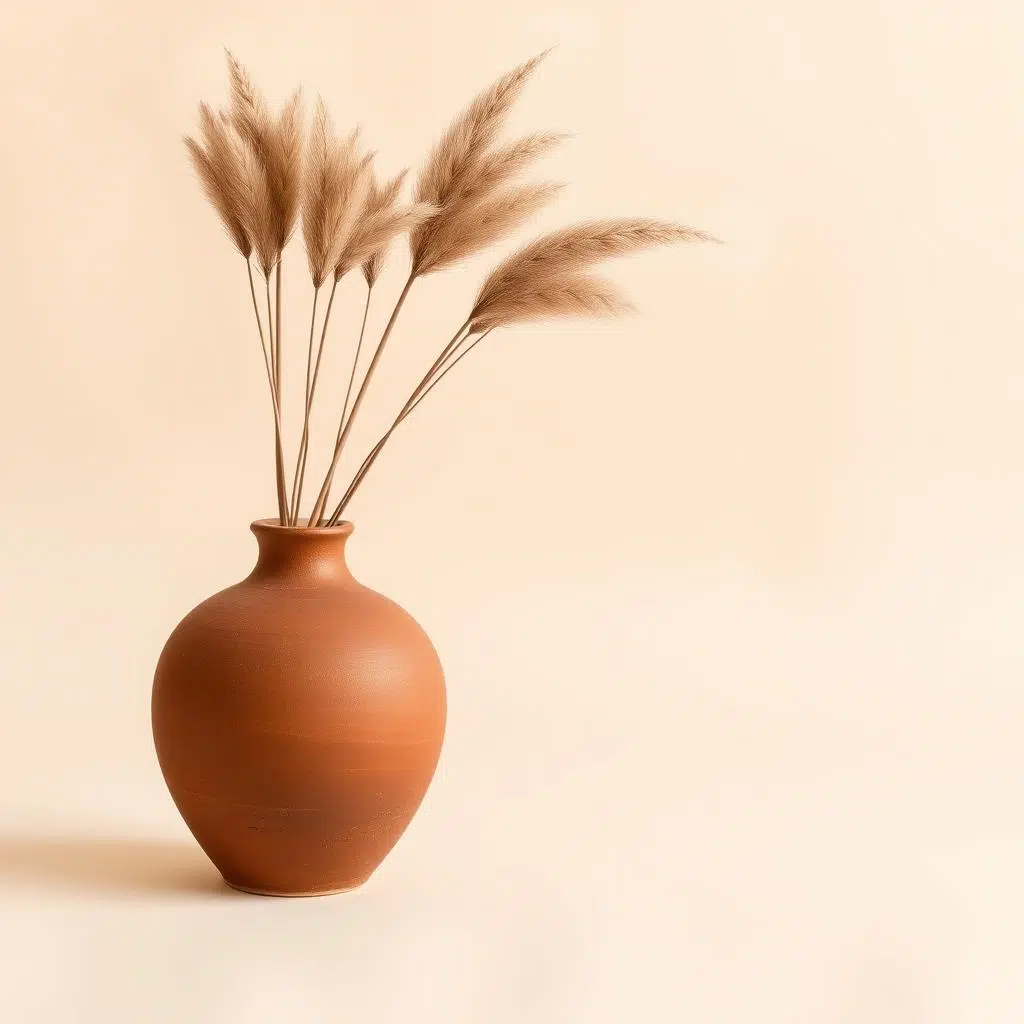 Roestbruine vaas met droogbloemen op beige achtergrond Roestbruine vaas met droogbloemen op beige achtergrond