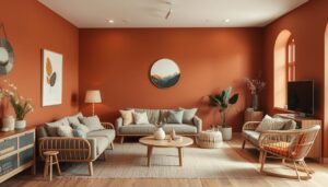 Woonkamer met roestbruine muren, meubels van natuurlijke materialen en een ronde wanddecoratie.