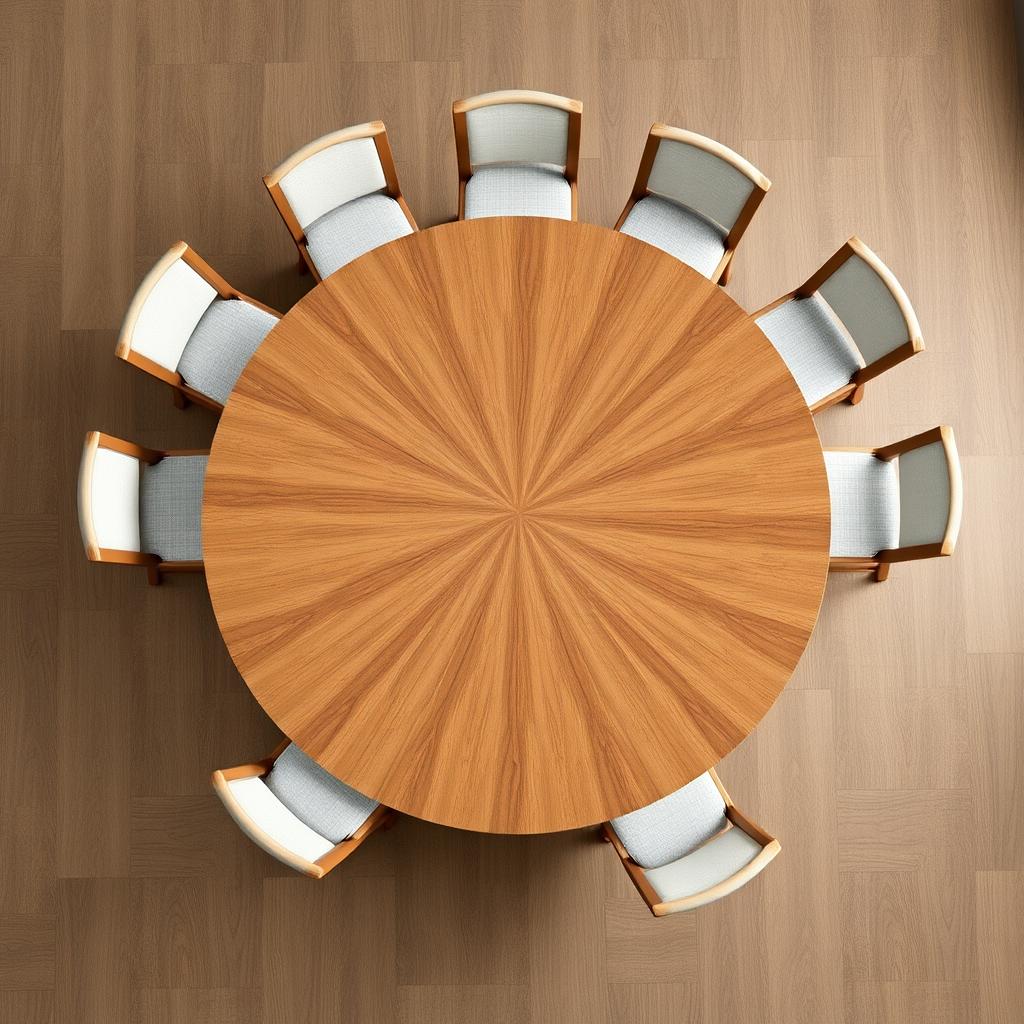 Ronde eettafel van 200 cm diameter met stoelen gelijkmatig verdeeld Ronde eettafel van 200 cm diameter met stoelen gelijkmatig verdeeld