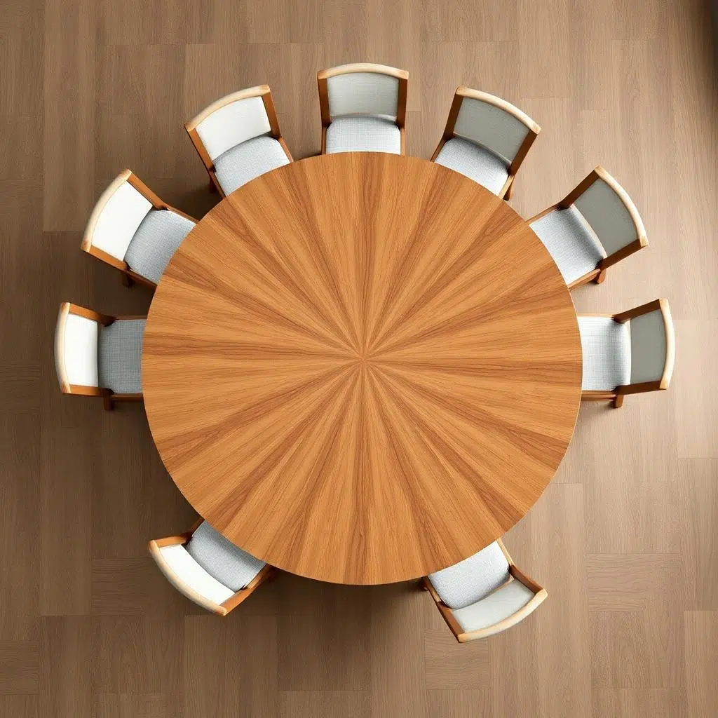 Ronde eettafel van 200 cm diameter met stoelen gelijkmatig verdeeld Ronde eettafel van 200 cm diameter met stoelen gelijkmatig verdeeld