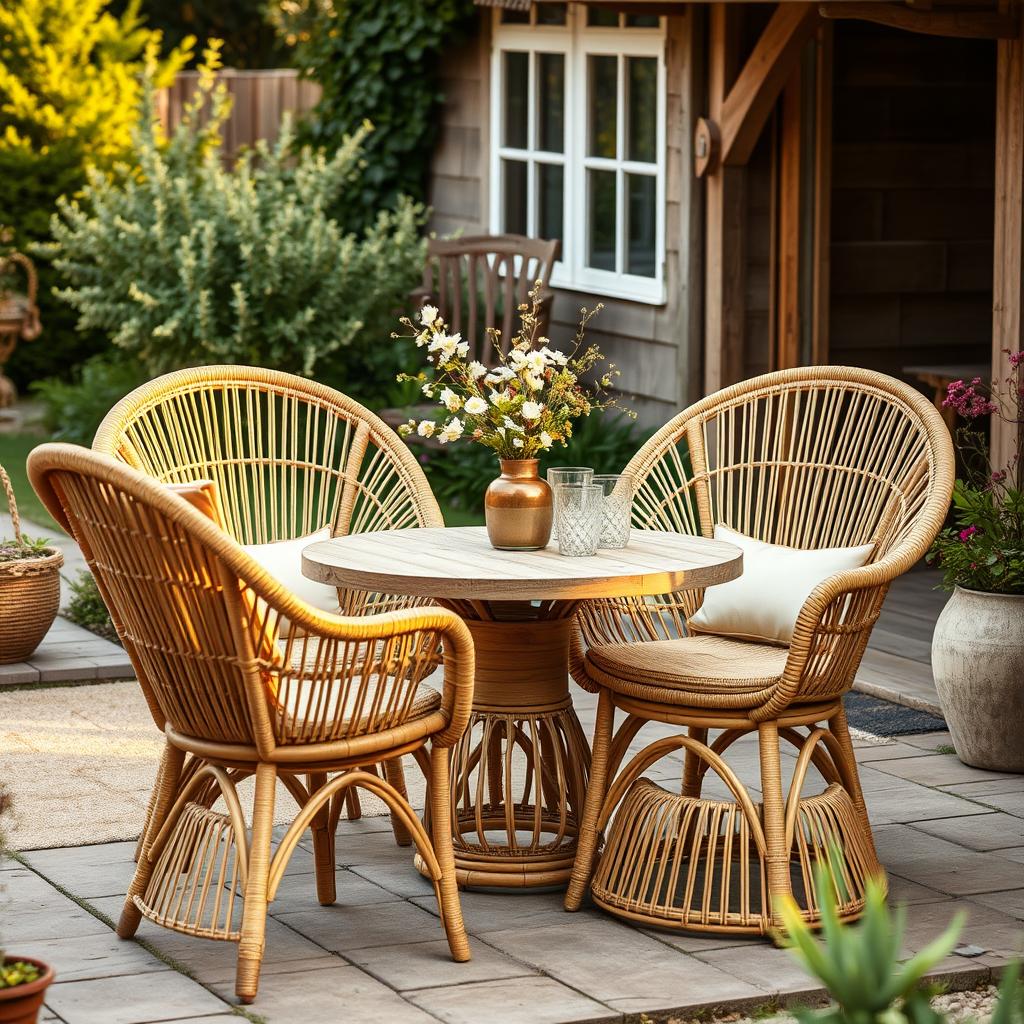 Rotan tuinstoelen bij rustieke houten tafel, tuinstoelen bij houten tafel in landelijke stijl Rotan tuinstoelen bij rustieke houten tafel, tuinstoelen bij houten tafel in landelijke stijl