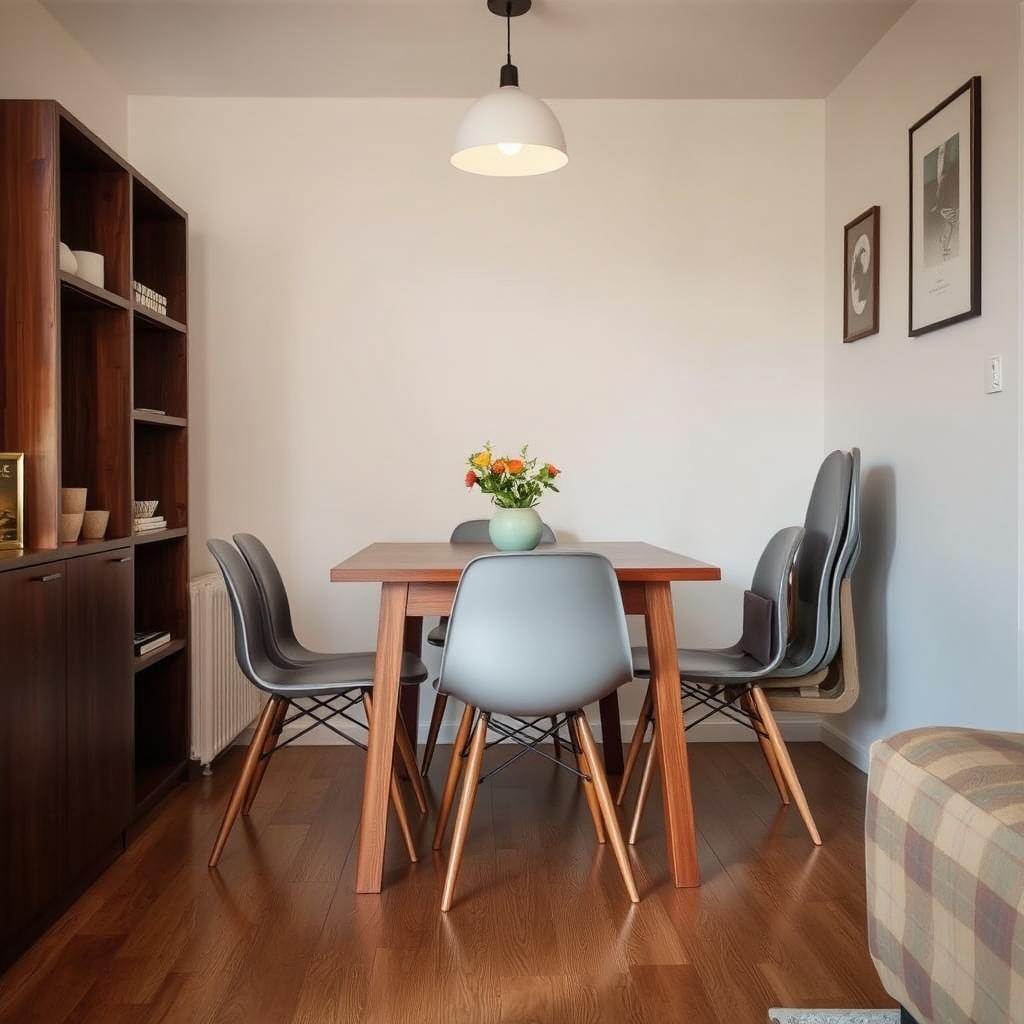 Ruimtebesparende eetkamerstoel bij een houten eettafel in een compact appartement Ruimtebesparende eetkamerstoel bij een houten eettafel in een compact appartement
